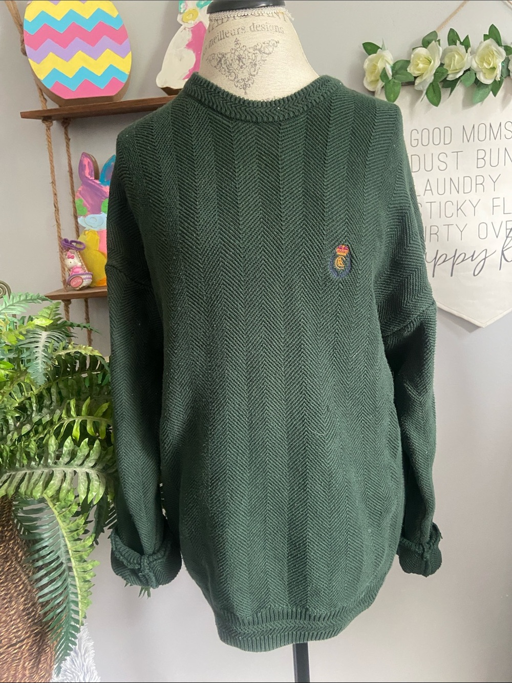 Vintage Chaps Ralph Lauren LARGE Classic Forest Green Oversized Crewneck Sweater - Picture 2 of 5